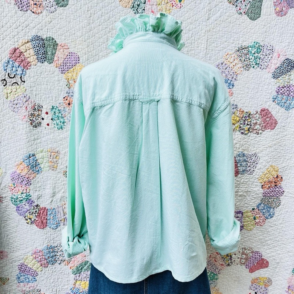 Upcycled Re-worked Chaps Mint Green  Preppy Oxford Cloth Ruffle Collar Shirt L - Picture 4 of 7